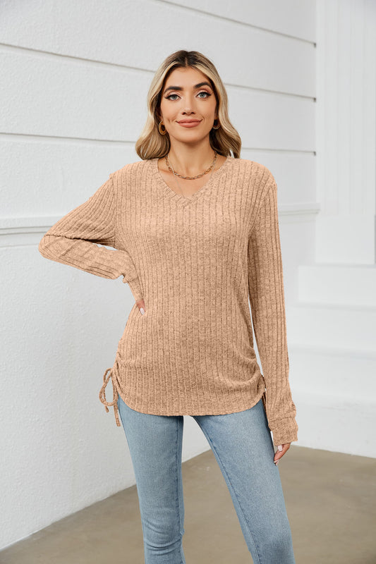 Drawstring Ribbed Long Sleeve T-Shirt - Light Brown / S - T-Shirts - Shirts & Tops - 1 - 2024