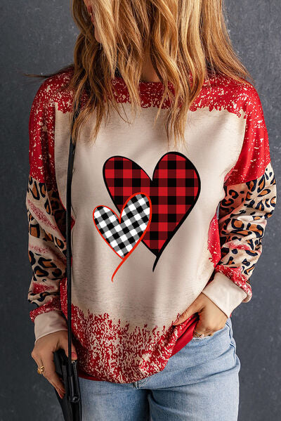 Heart Leopard Round Neck Sweatshirt - Deep Red / S - T-Shirts - Shirts & Tops - 1 - 2024