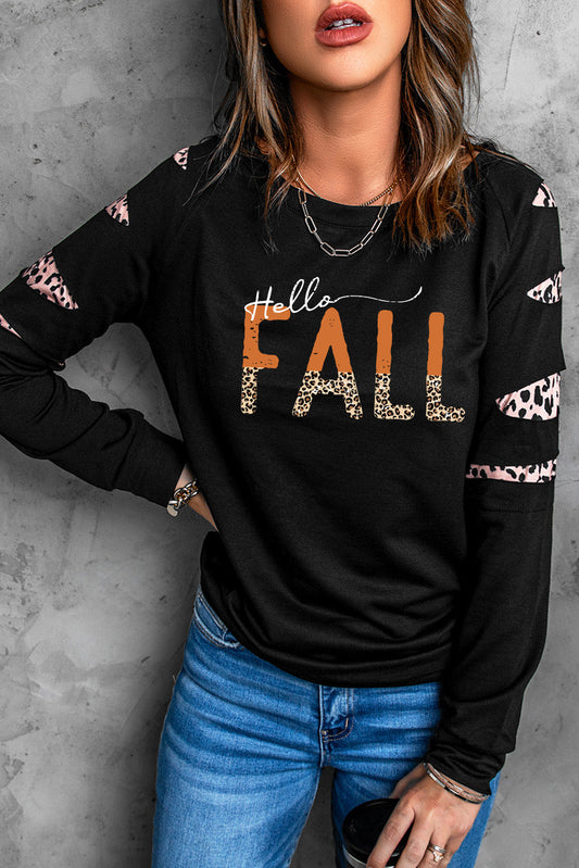 Leopard Long Sleeve Round Neck HELLO FALL Graphic Sweatshirt - Black / S - T-Shirts - Shirts & Tops - 1 - 2024