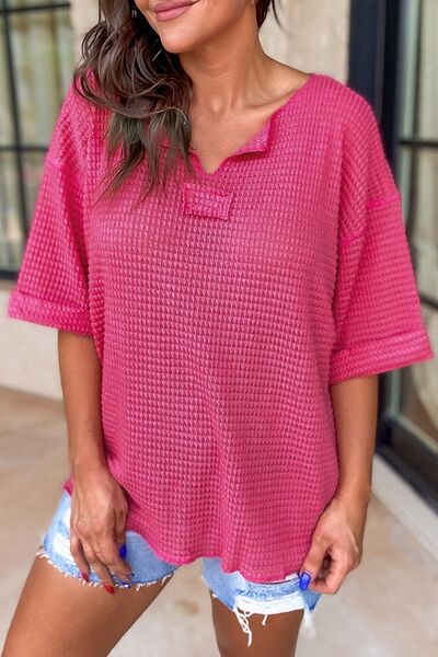 Notched Dropped Shoulder Half Sleeve T-Shirt - Cerise / S - T-Shirts - Shirts & Tops - 5 - 2024