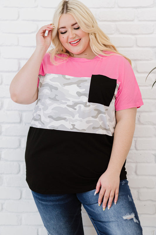 Plus Size Leopard Color Block T-Shirt - Pink / 1X - T-Shirts - Shirts & Tops - 1 - 2024