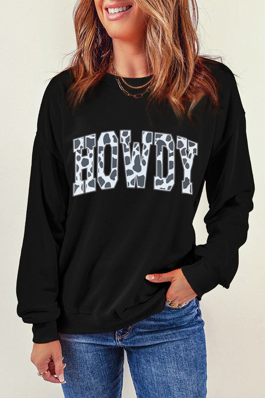 Round Neck Long Sleeve Howdy Graphic Sweatshirt - Black / S - T-Shirts - Shirts & Tops - 1 - 2024