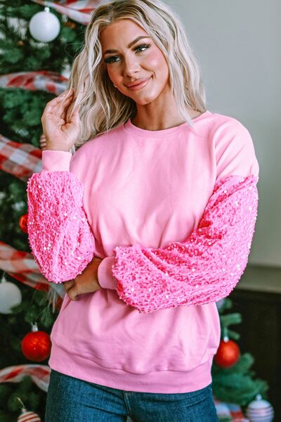 Sequin Round Neck Dropped Shoulder Sweatshirt - Carnation Pink / S - T-Shirts - Shirts & Tops - 7 - 2024