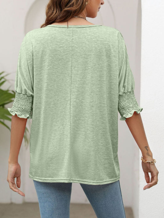 Smocked Flounce Sleeve Round Neck T-Shirt - T-Shirts - Shirts & Tops - 2 - 2024
