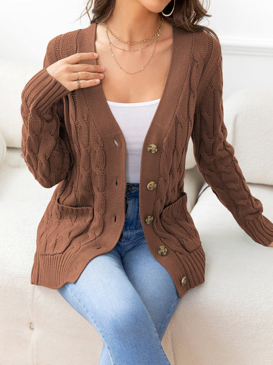 Button Down Cable-Knit Cardigan - Dark Brown / S - Women’s Clothing & Accessories - Shirts & Tops - 37 - 2024