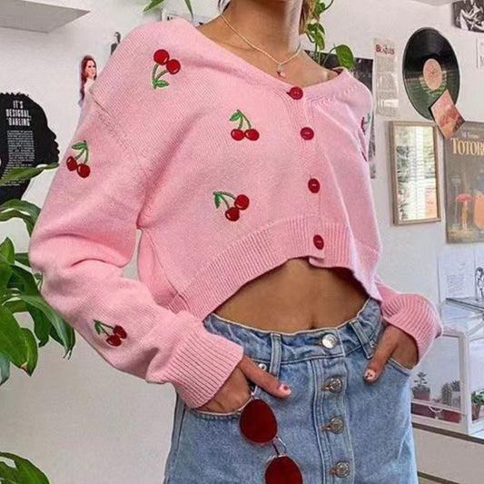 Cherry Button Down Cardigan - Pink / S - Women’s Clothing & Accessories - Shirts & Tops - 1 - 2024