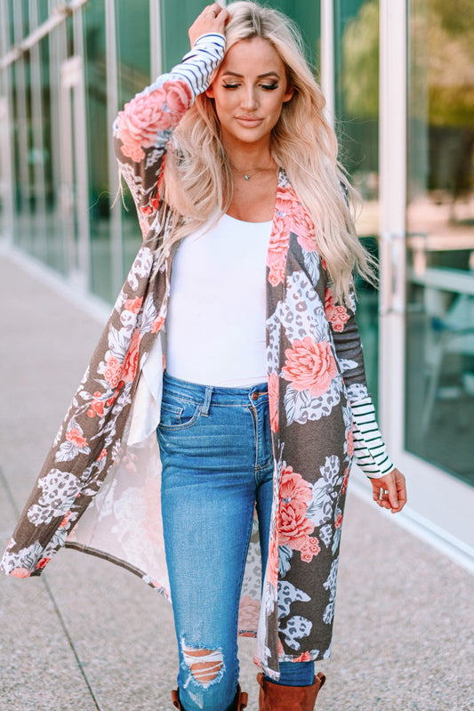 Stripe Detail Sleeve Floral Print Cardigan - Women’s Clothing & Accessories - Shirts & Tops - 2 - 2024