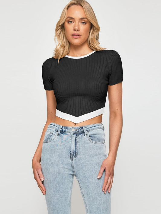 Trim Pointed Hem Ribbed Crop Top - Black / S - Women’s Clothing & Accessories - Shirts & Tops - 1 - 2024