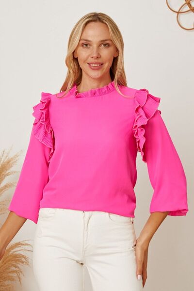 Frill Ruffled Three-Quarter Sleeve Blouse - Kawaii Stop - Blouse, Confidence Booster, Easy Care, Elegant, Fashion, Feminine, Imported, Opaque Fabric, Polyester, Romantic Look, Ruffled Design, Ship From Overseas, Size Range, Sophisticated, Stylish, SYNZ, Versatile, Wardrobe Essential, Women's Fashion