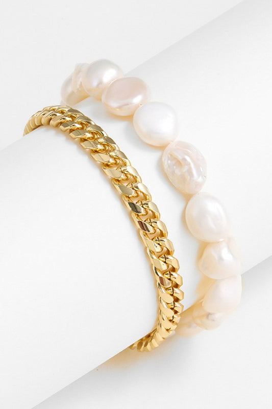 Two-Tone Double-Layered Bracelet - Kawaii Stop - Bracelet, Bracelets, Contemporary Style, Copper and Gold-Plated, Double-Layered Bracelet, Elegant Finish, Fashion Forward, Fashion Jewelry, Freshwater Pearls, Ken, Lustrous Pearls, Minimalist Design, Must-Have Jewelry, Premium Materials, Refined Craftsmanship, Ship From Overseas, Sleek and Minimal, Sophisticated Look, Stylish Accessories, Timeless Elegance, Versatile Bracelet