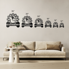 Picture showing the metal sign in six sizes that hang on a wall above a couch.