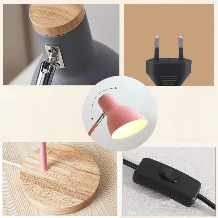 Luminária de Mesa Wood; Luminária estilo abajur; Alumínio e base de bambu; Bivolt e eficiente com LED; Opções de lâmpada quente, fria ou sem; Resistente e versátil; Ideal para trabalho e estudo; Cabeça giratória para direcionar a luz; Design moderno e elegante.