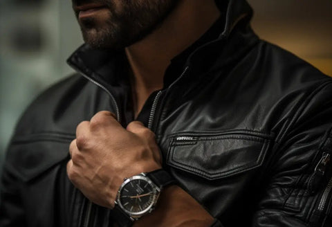 Man being stylish by wearing a complimentary jacket and a watch