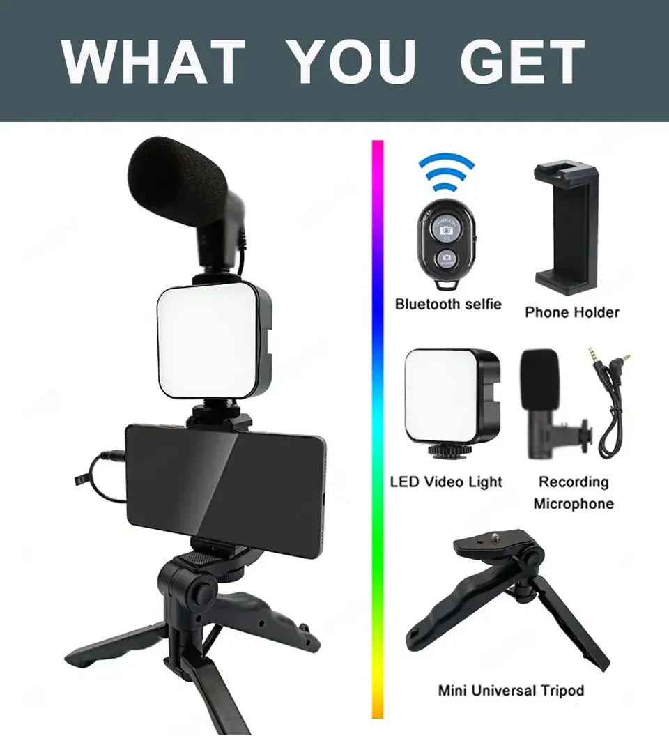 Phone Holder Photography Lighting Smartphone Video Kit Microphone LED Selfie Tripod Recording Handle Portable
