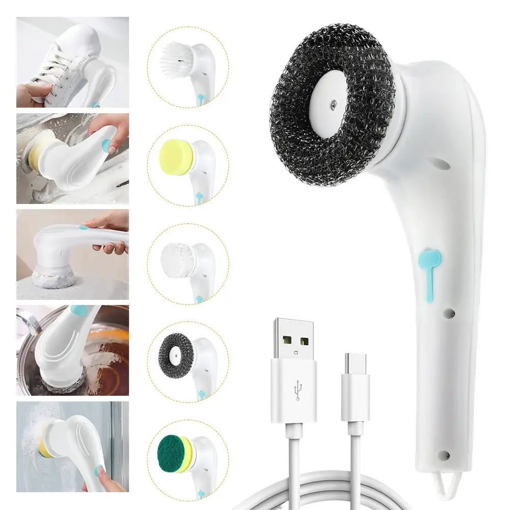 Electric Spin Cleaning Brush with 5 Replace Heads Cordless Portable Scrub Brush Handheld Scrubber Suitable for Bathroom