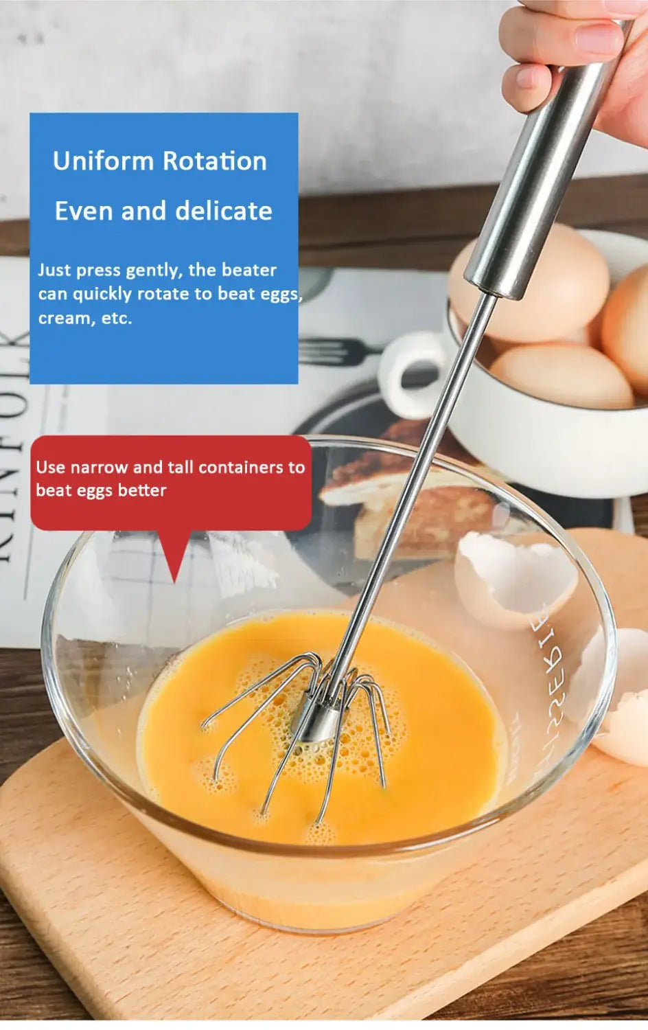 Semi-Automatic Egg Beater 304 Stainless Steel Egg Whisk Self Turning Egg Stirrer Manual Hand Mixer Kitchen Accessories