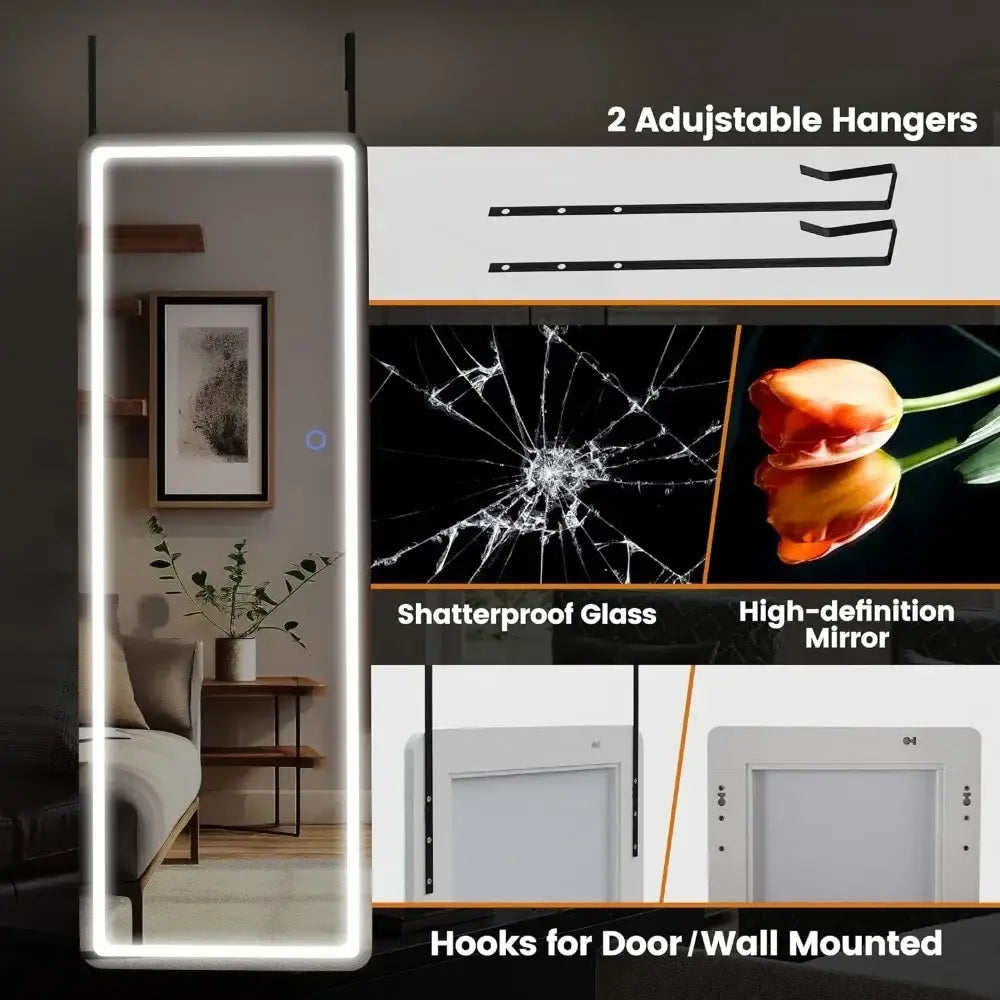 LED Mirror Full Body Wall Mirror Aluminum Frame Dimming & 3 Color LED Door Mirror White Living Room Home Freight free