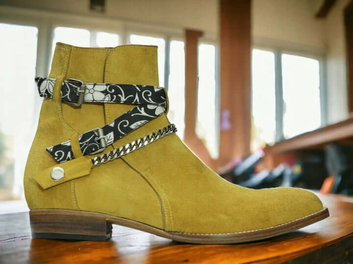 Handmade Men's Mustard Suede Boot, Ankle High Double Buckle Boot