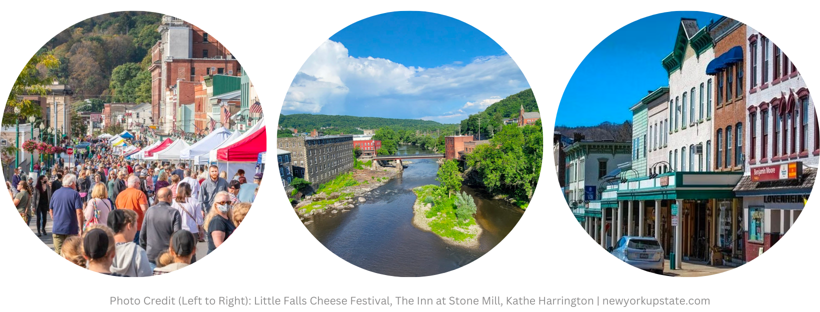 Photos of Little Falls: Little Falls Cheese Festival, Canal Street next to The Mohawk River, and Little Falls Main Street in Upstate New York