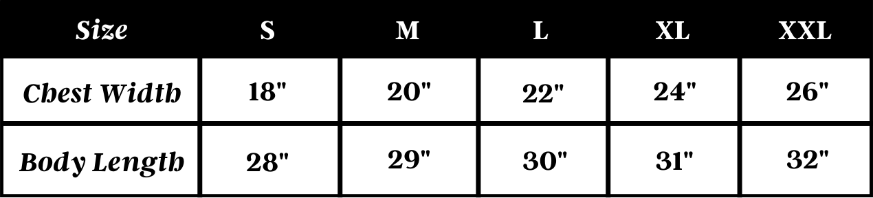 Size Chart for Standard Tee - Upstate of Mind