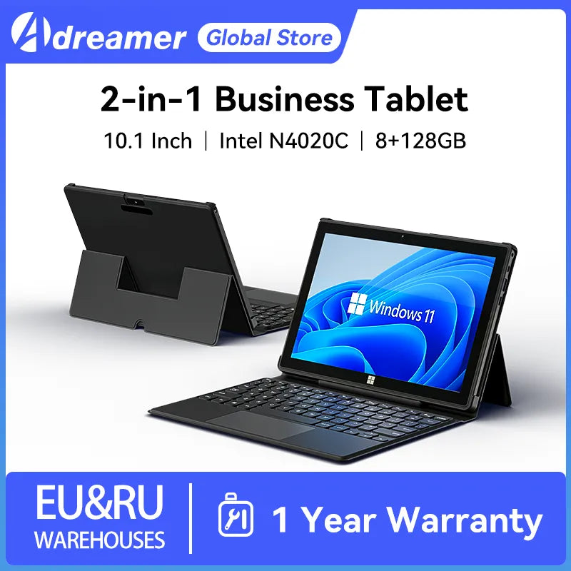Adreamer 2 IN 1 Tablet PC 10.1 Inch Portable Notebook 1280×800 IPS 8GB RAM 128GB ROM N4020C Windows 10 Tablets with Keyboard