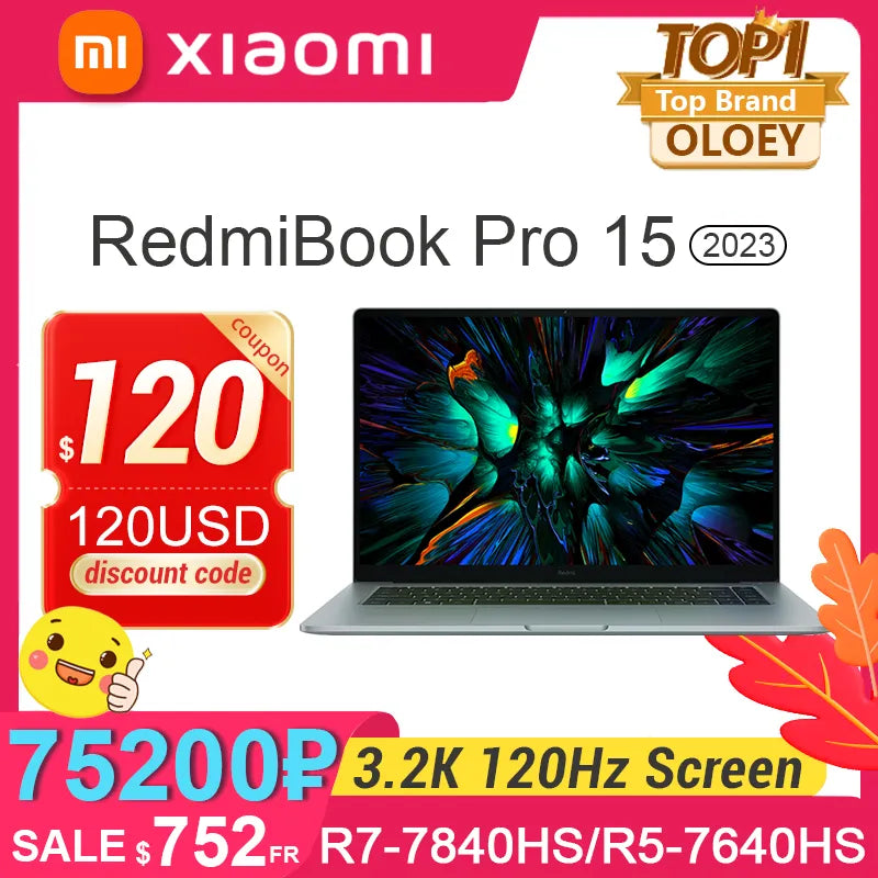 Xiaomi RedmiBook Laptop Pro15 2023 Ryzen R7-7840HS/R5 7640HS AMD Radeon 780M/760M 16G RAM 512G/1T SSD 15.6" 3.2K 120Hz Notebook