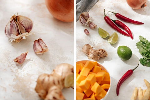 Garlic and ginger, essential components in this easy, quick and delicious Thai curry bowl recipe.