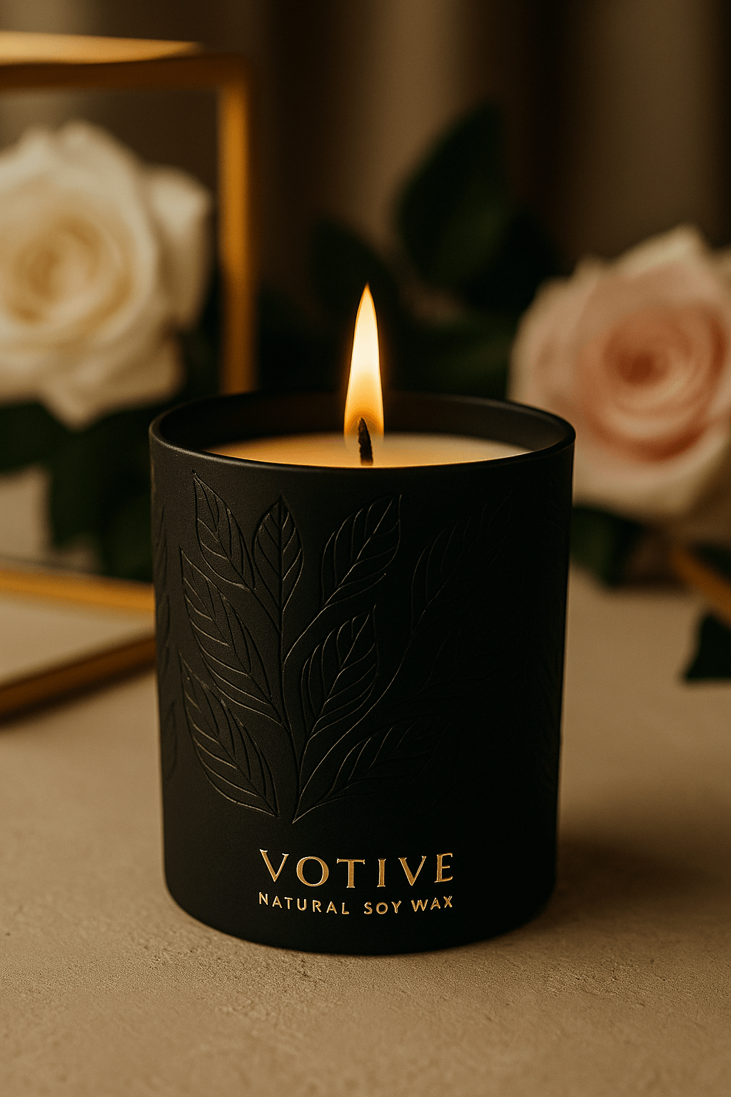 black sculptural soy candle with jasmine and sandalwood scent in luxury decor