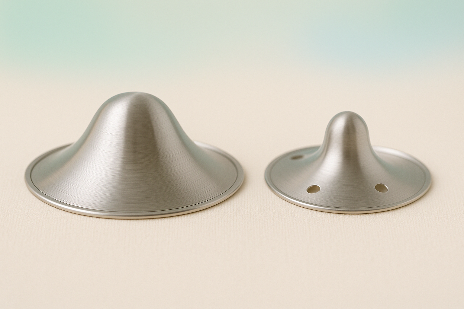 Full-coverage and ventilated silver nipple shields on cream fabric, showing different types for breastfeeding moms.