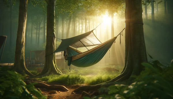 Serene forest scene with a hammock tent suspended between two trees, reflecting an ideal camping setup