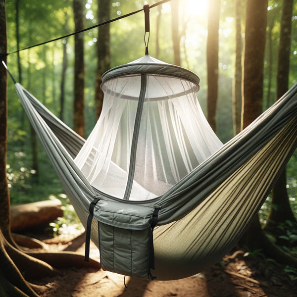 hammock tent care tips shows a hawk nest hammock tent set up in a canadian forest