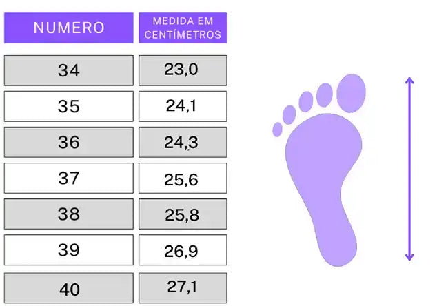 Tabela de Tamanho Tênis Botinha Feminino