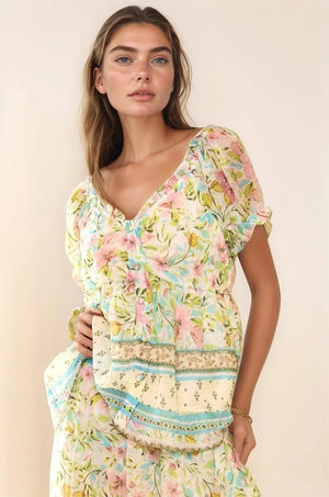Davi & Dani Spring Floral Border Print Ruffled Textured Top - SERGIO MALINI  Official Site