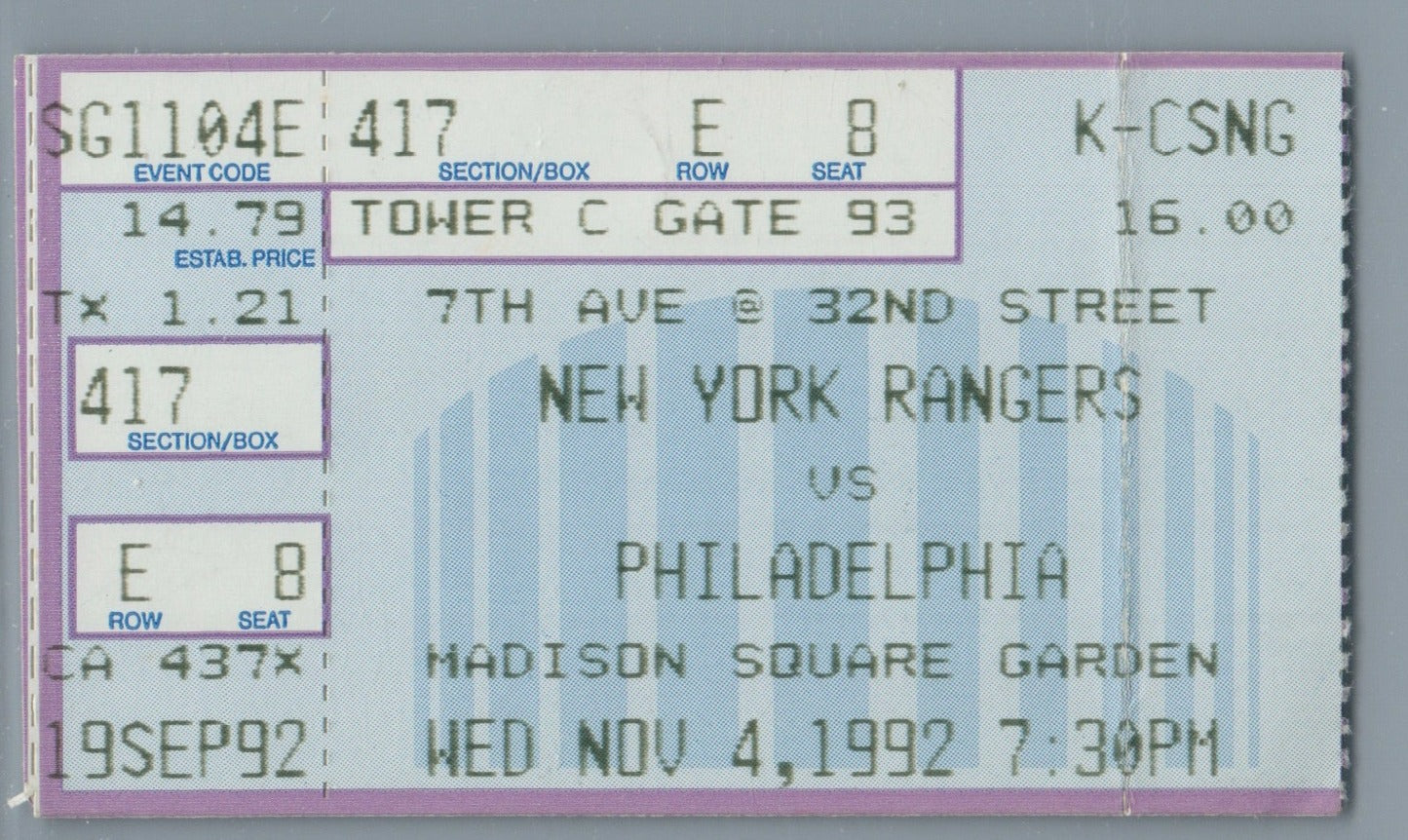 Brian Leech NHL goal #78; Darren Turcotte goal #100; Ticket Stub Nov 4,1992 New York Rangers beat Philadelphia Flyers Mark Recchi goal #123 Mike Richter win #61 Doug Weight Deliberate Injury Penalty Misconduct