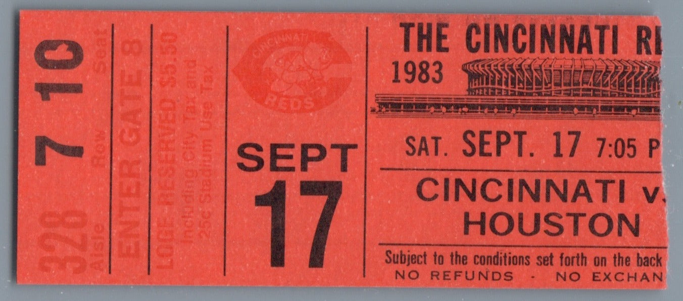 Johnny Bench Final MLB Home Run #389 Ticket Stub Sept 17, 1983 Houston Astros b Cincinnati Reds 4-3 José Cruz HR & Stolen base off Bench Riverfront