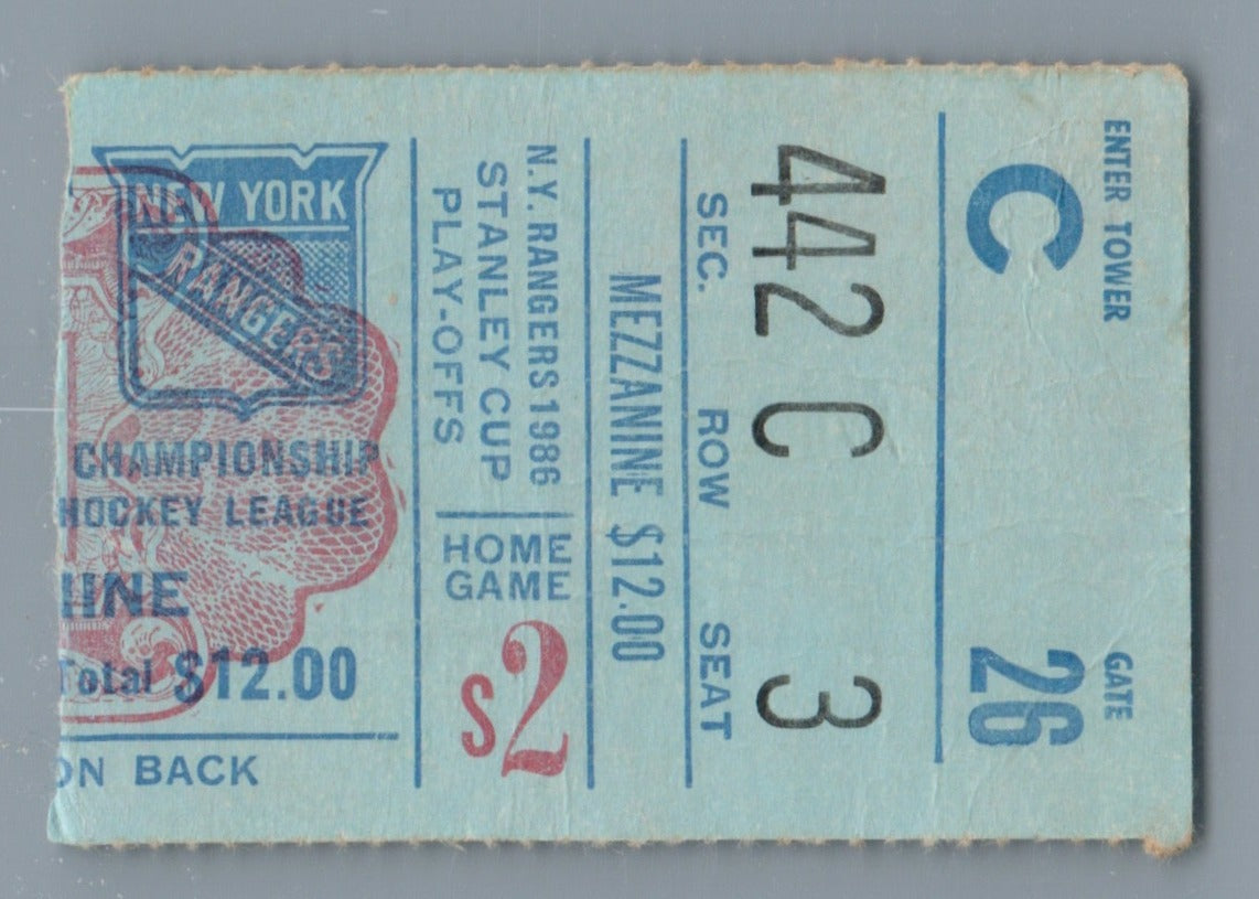John Vanbiesbrouck 1st career NHL playoff shutout beats Patrick Roy Ticket Stub May 7, 1986 New York Rangers beat Montreal Canadiens 2-0 Madison Square Garden round 3 game 4 Larry Melnyk fights Chris Nilan; James Patrick fights Claude Lemieux