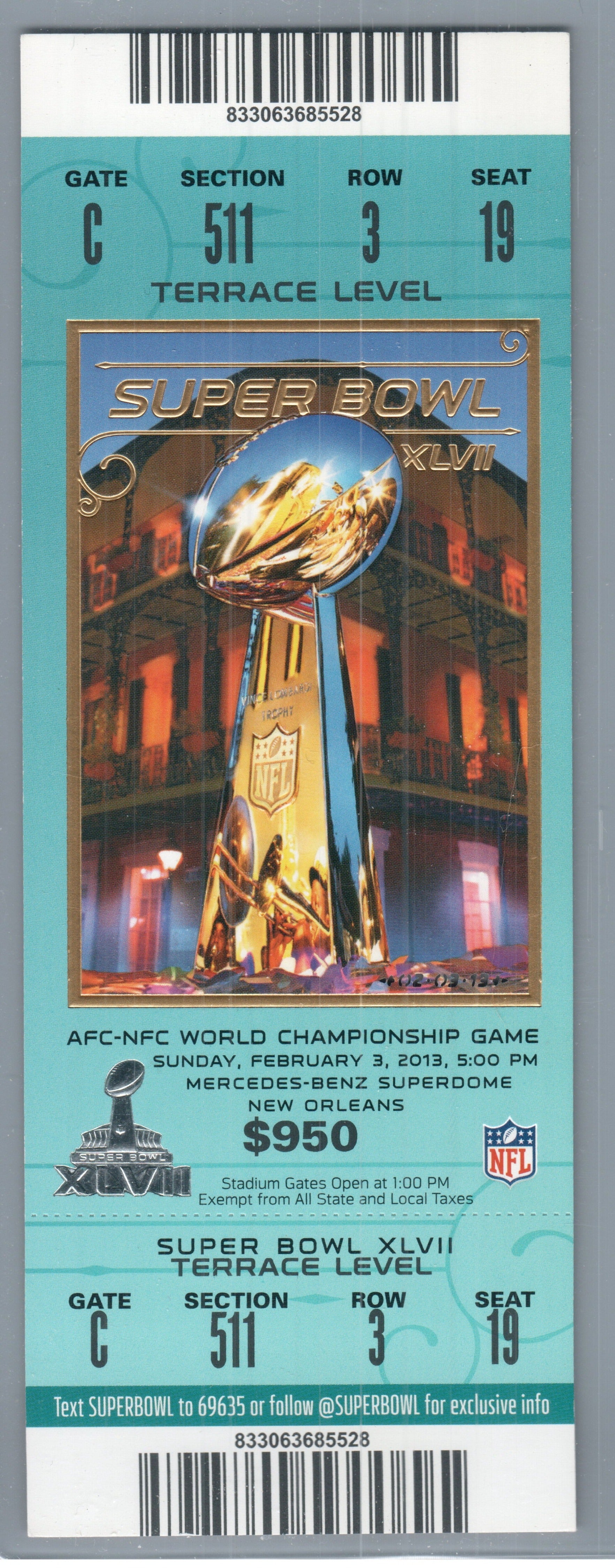 Super Bowl XLVII Joe Flacco MVP Baltimore Raven beat San Francisco 34-31; Ray Lewis & Randy Moss HOF FINAL NFL game; Har-Bowl Jim vs John Harbaugh Feb 3, 2013 Full Ticket Nice Blackout Bowl 34 minute delay Mercedes Benz Superdome Beyonce halftime show
