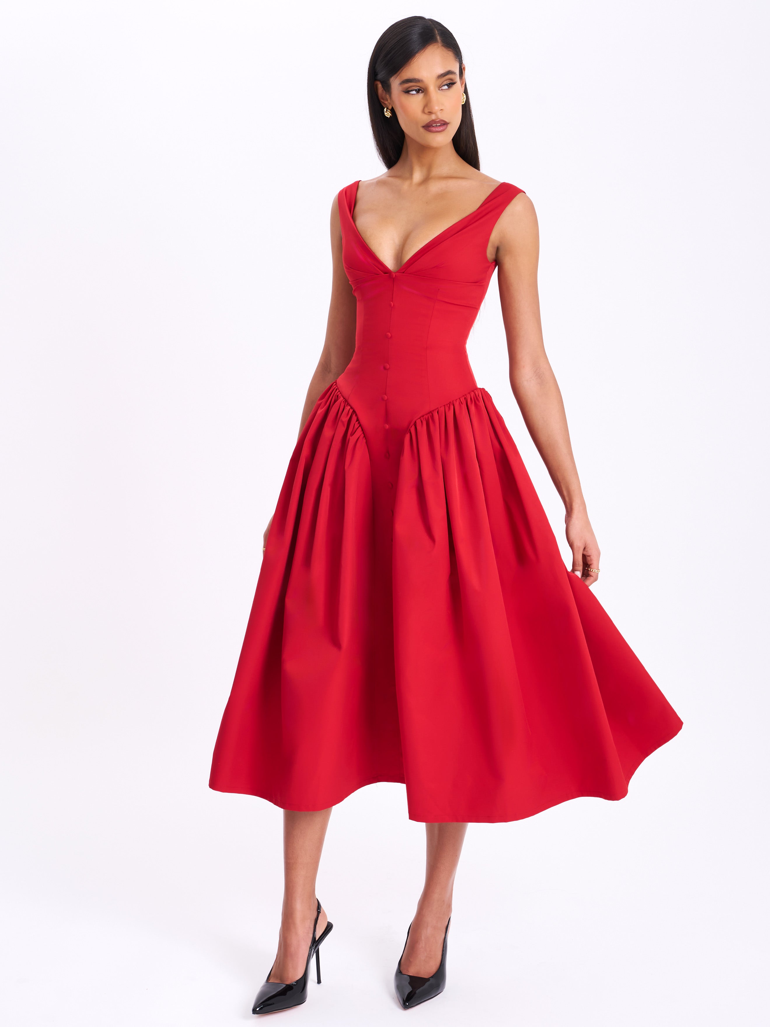 Product image for Nahla Red Drop Waist Midi Dress with Buttons
