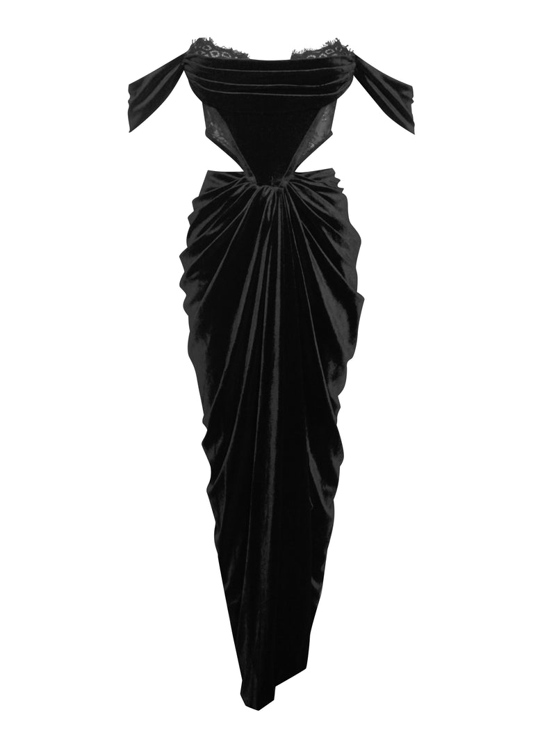 Quintessa Black Lace Velvet Corset Off Shoulder Gown – Miss Circle