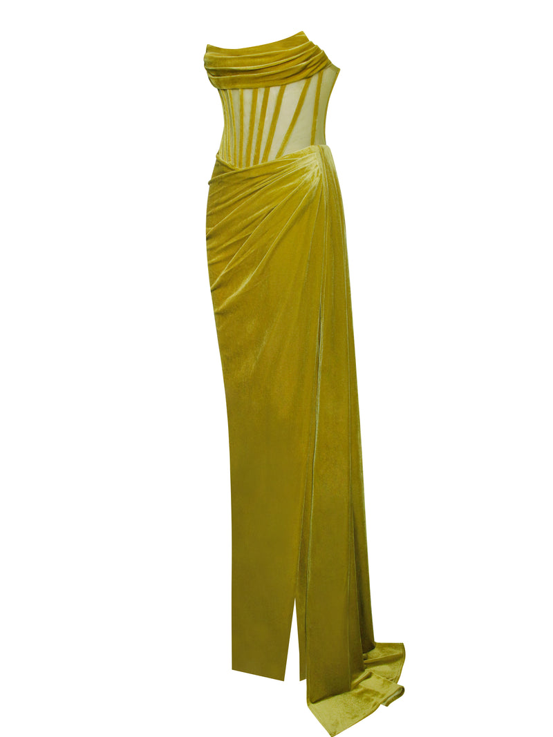 Priya Gold Draping Corset High Slit Velvet Gown – Miss Circle