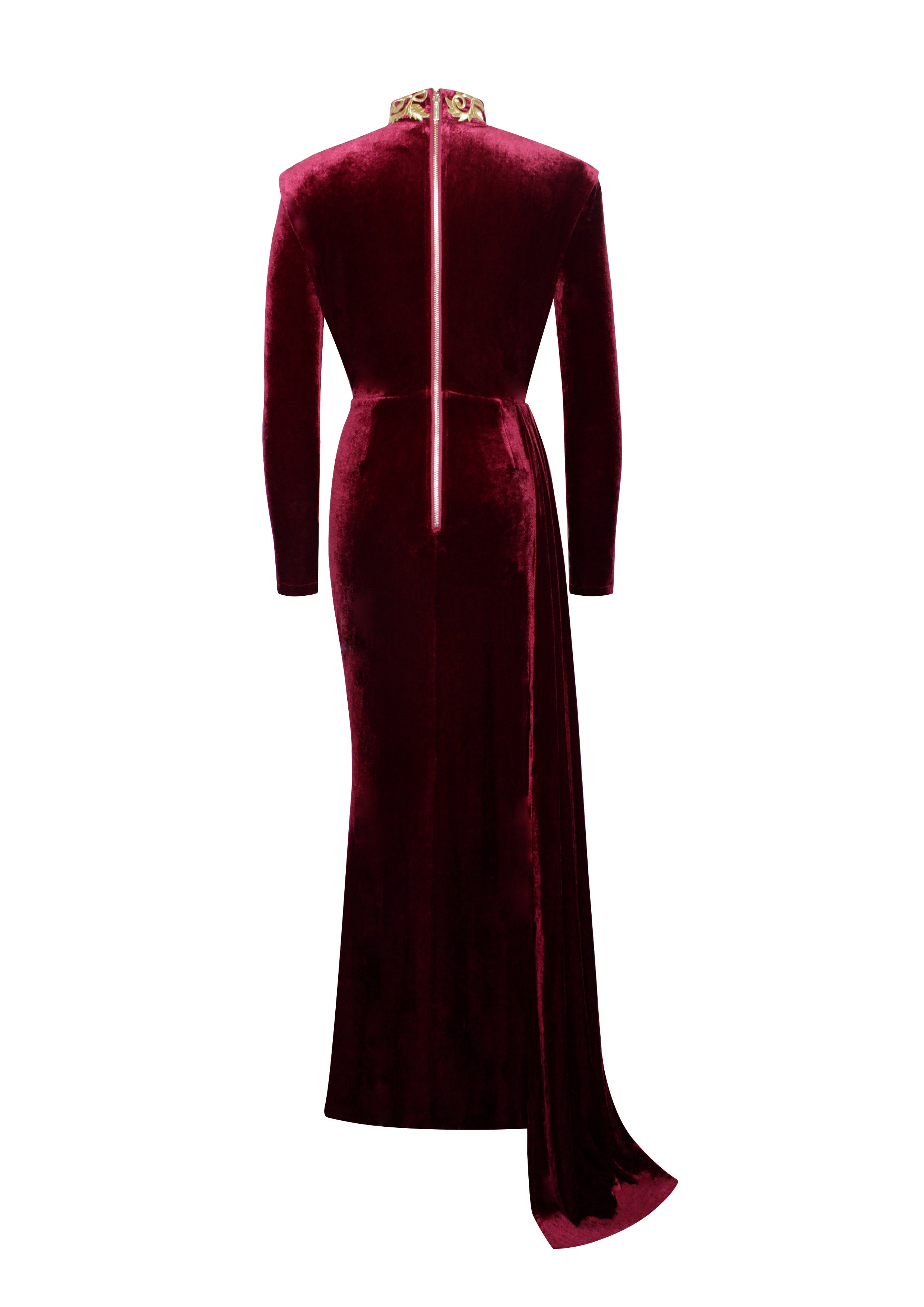 Zenaida Burgundy Cutout High Slit Velvet Gown – Miss Circle