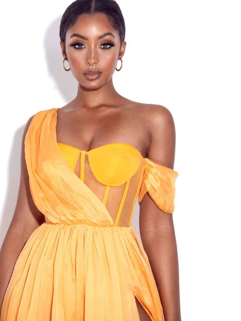 Irisa Gold Draping Off Shoulder Corset Dress – Miss Circle