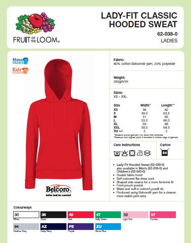 Ladies Fit Hooded Top Size Guide