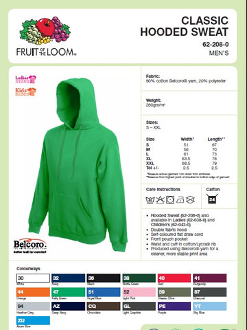 Mens Hooded Top Size Guide