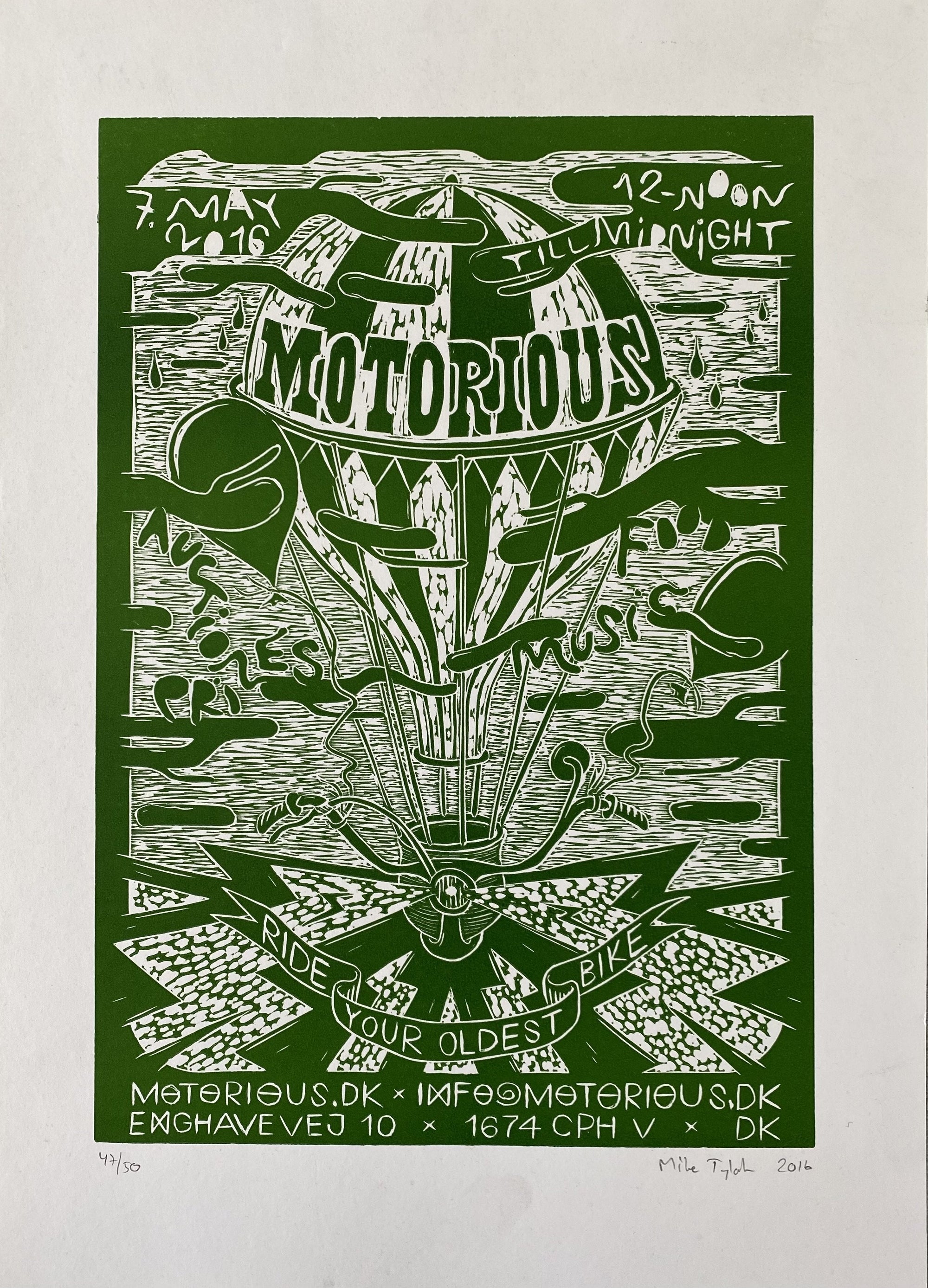 2016 Motorious lino-cut by Mike Tylak, A3 oversize, Green on White-Linoleumstryk og Plakater-Motorious Copenhagen-Motorious Copenhagen