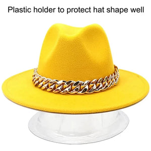 women fedoras golden chain fedora hat women men wide brim solid color jazz top hat autumn winter new Panama hat gentleman hat - We Have It All
