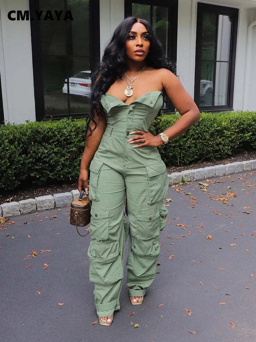 Strapless Button Front Ruched Cargo Jumpsuit Romper