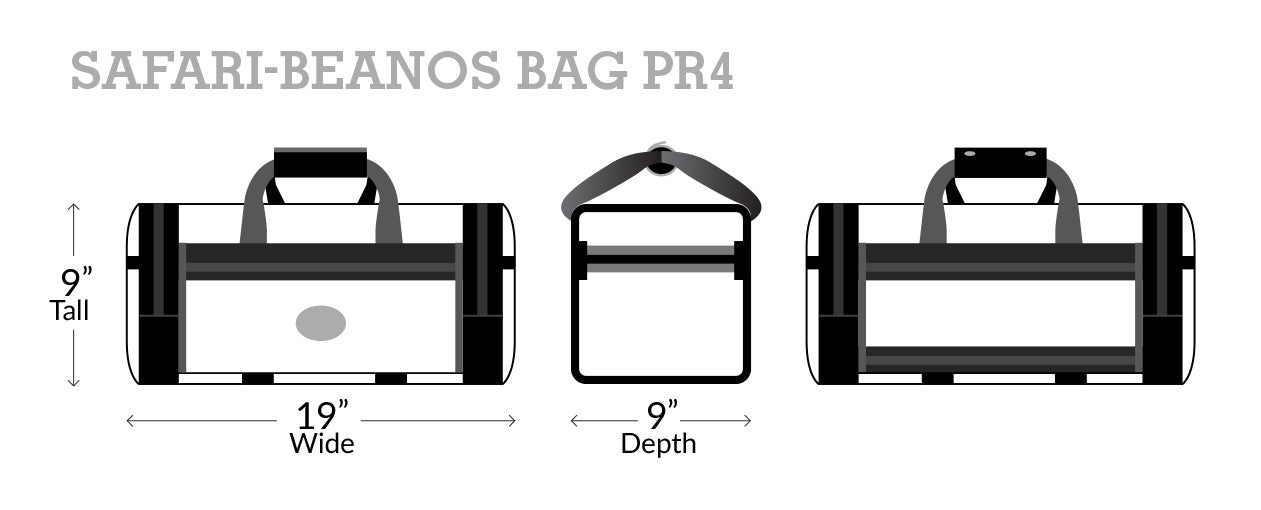 Red Oxx Safari-Beanos PR4 Small Duffel Bag measurements: 9"H x 19"W x 9"D