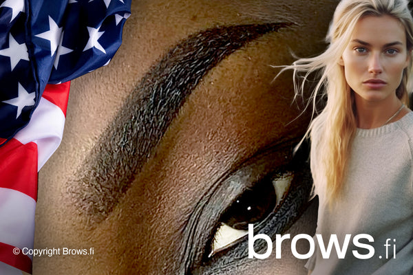 American flag on the left, an American-style powder brow (black skin) in the center, and an attractive blonde woman on the right.