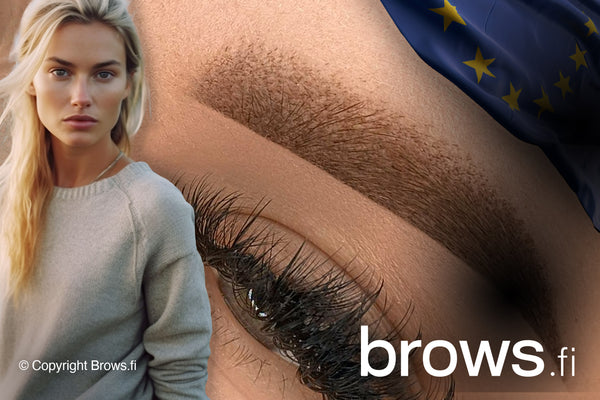 Blonde woman on the left, soft European powder brow in the center, and the flag of the European Union on the right.